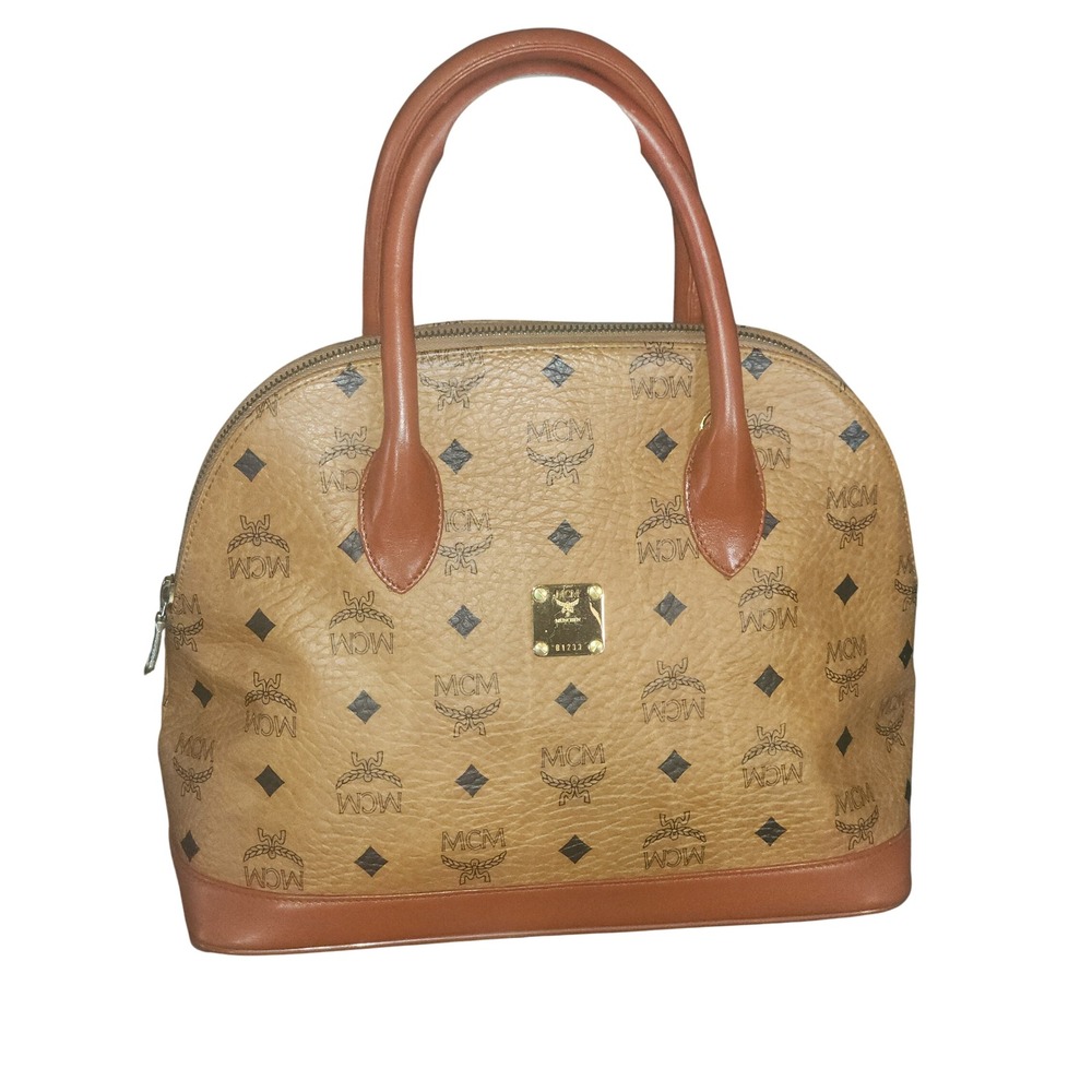 MCM Visetos Monogram Cognac Coated Canvas Dome Satchel Bag  Gold Hardware Y2K